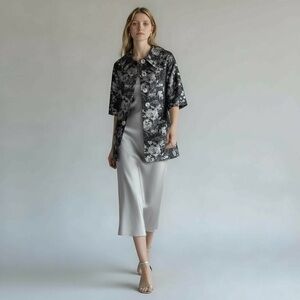 Slim Factor Metallic Silver Floral Jacquard Swing Jacket 2X 3X Rhinestone Button